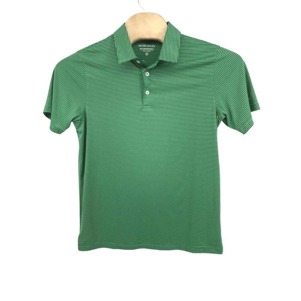 Michel Rouen Performance Polo Medium Green Striped Moisture Wicking Golf Shirt